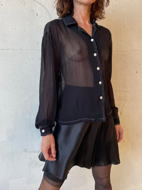 1990s Black Sheer Button Up Blouse w/ White Topstitching