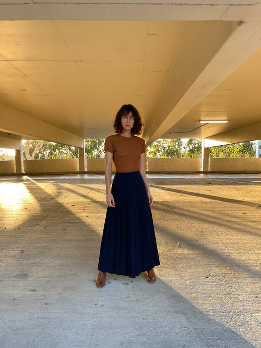 1970s Navy Blue Wool Pleated Maxi Skirt