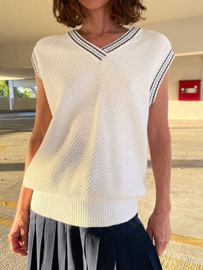 1990s White Blue Striped Waffle Pattern V Neck Sportswear Vest