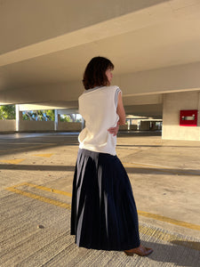 1970s Navy Blue Wool Pleated Maxi Skirt