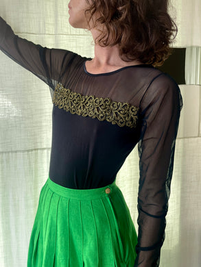 1990s Black Gold Appliqué Sheer Sleeves G-String Bodysuit