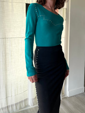Vintage Sonia Rykiel Rhinestone Yoke Teal Wool Blouse
