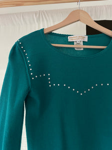 Vintage Sonia Rykiel Rhinestone Yoke Teal Wool Blouse