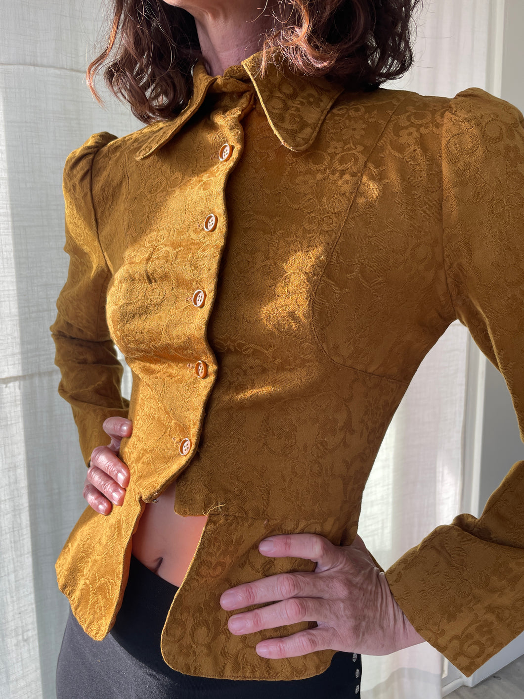 1970s Brown Mustard Floral Brocade Peplum Jacket