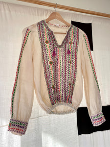 1970s Cream Gauze Mirrored Embroidered Blouse w/ Tassels