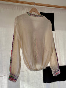 1970s Cream Gauze Mirrored Embroidered Blouse w/ Tassels