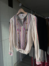 Load image into Gallery viewer, 1970s Cream Gauze Mirrored Embroidered Blouse w/ Tassels