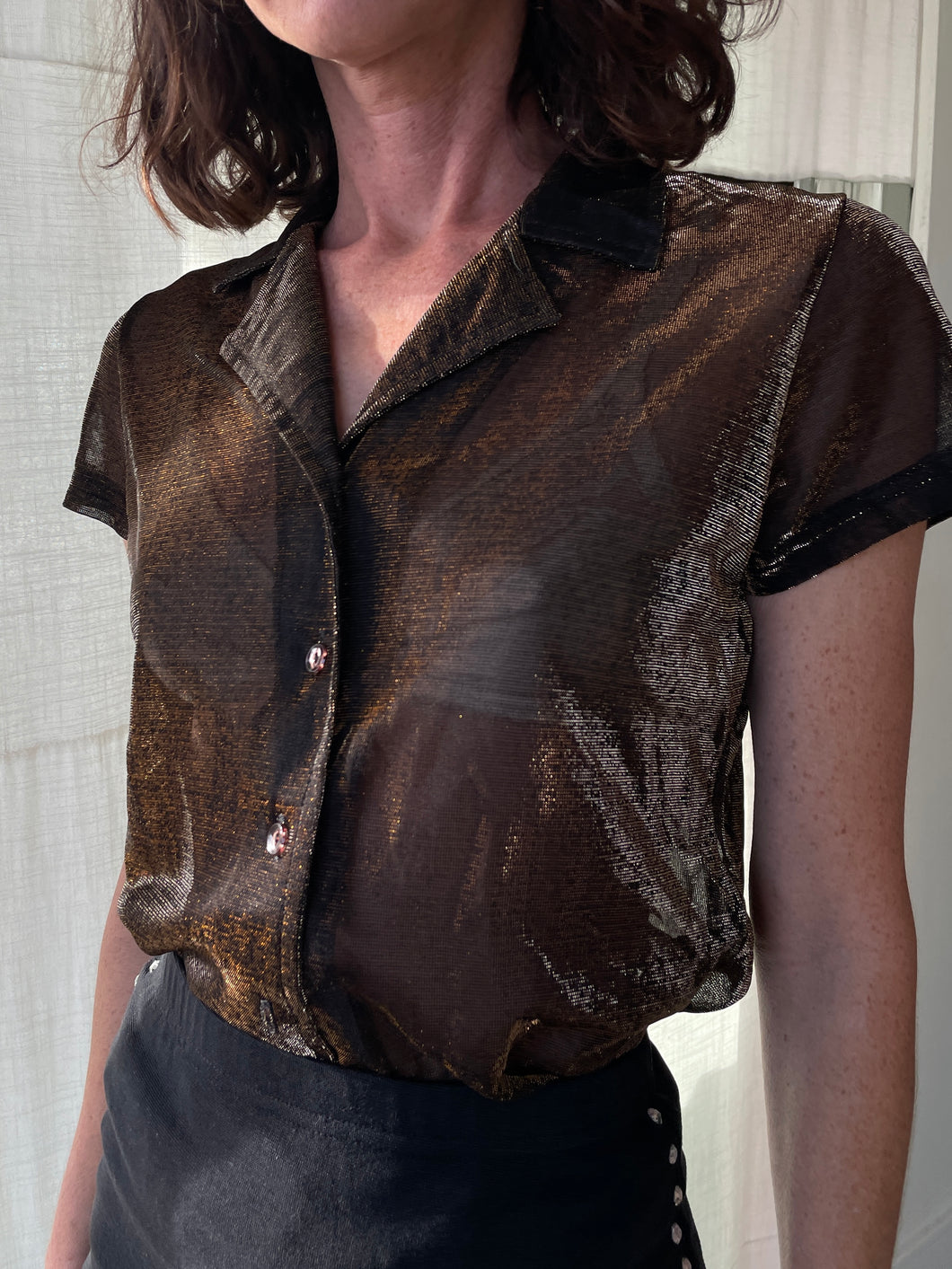 1990s Brown Metallic Copper Button Up Blouse