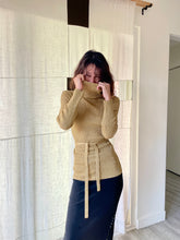 Load image into Gallery viewer, 1970s Metallic Gold Lurex Turtleneck Blouse with Waist Tie