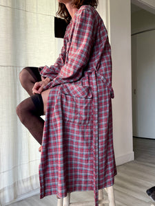 1940s Red Plaid Wool Gabardine Robe w/ Belt
