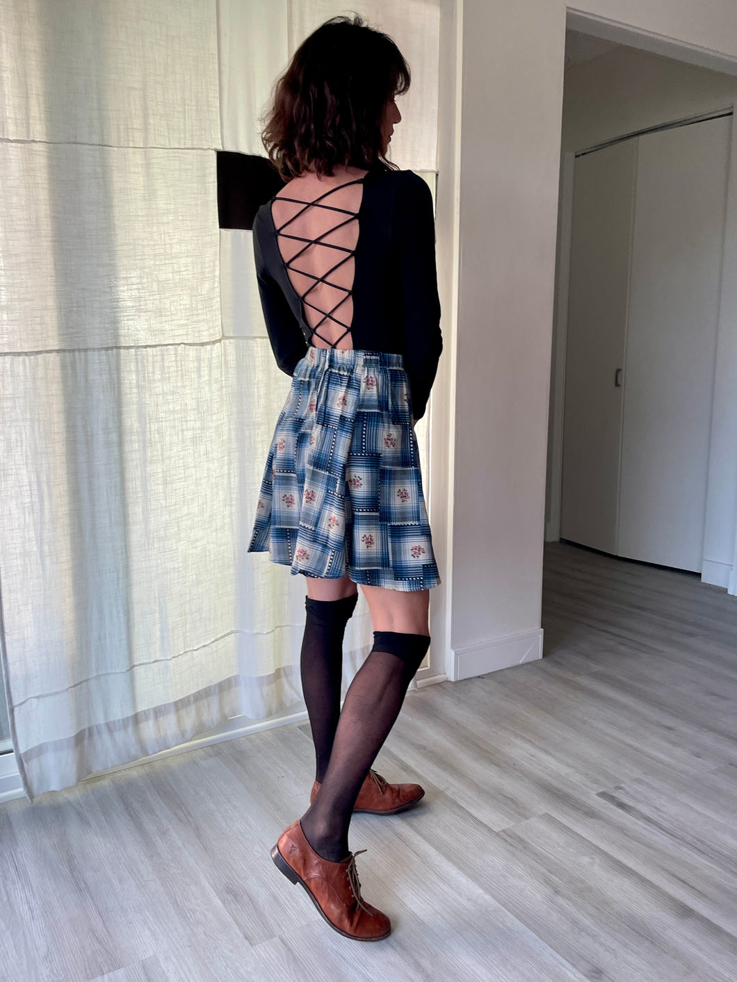 1990s Blue Floral Plaid Skater Tennis Skirt