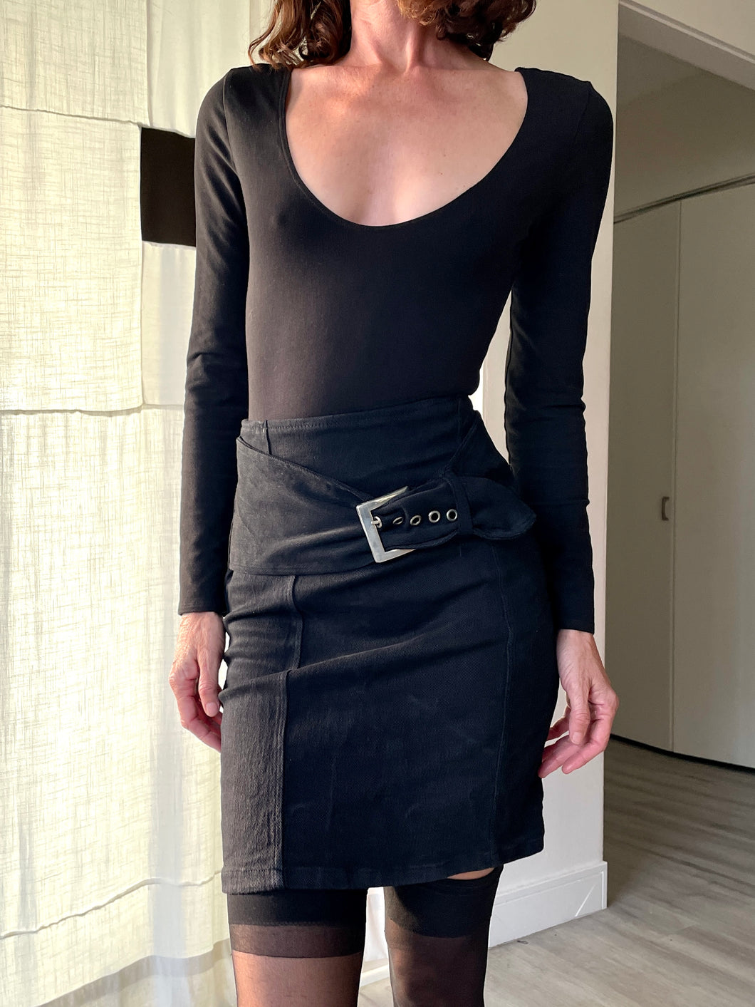 1990s Black Stretch Denim Belted Bodycon Skirt