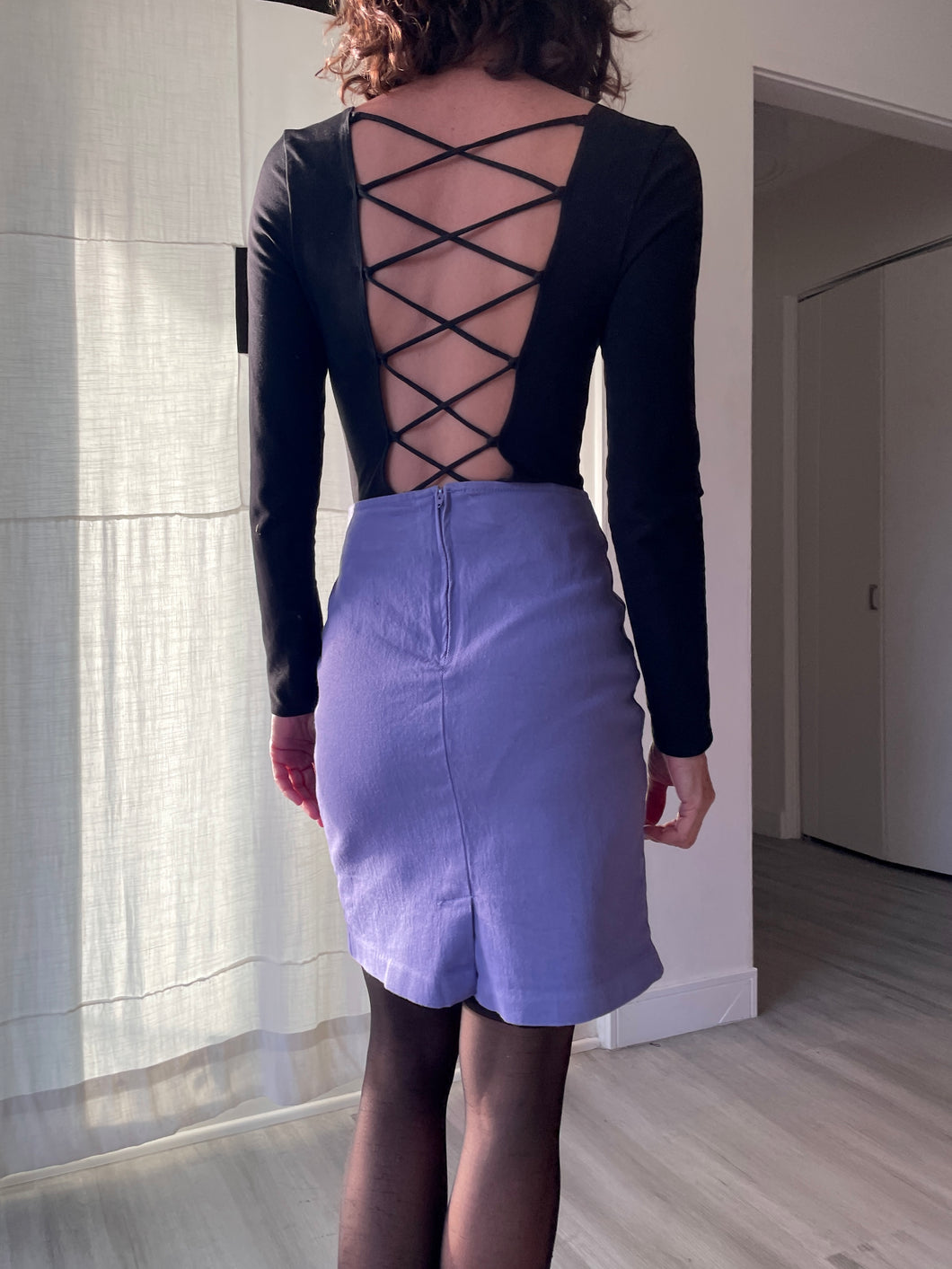 1990s Periwinkle Purple Stretch Denim Bodycon Skirt