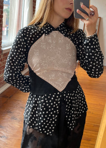 1980s Semi Sheer Black and White Polka Dot Blouse