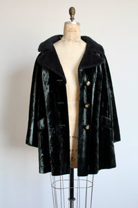 1960s Green Black Velvet Sharkskin Peacoat w/ Faux Fur Collar