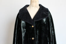 Load image into Gallery viewer, 1960s Green Black Velvet Sharkskin Peacoat w/ Faux Fur Collar