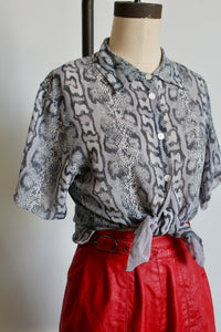 1980s Grey Silk Chiffon Snakeskin Print Button Up Blouse