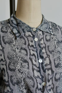 1980s Grey Silk Chiffon Snakeskin Print Button Up Blouse