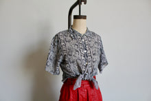 Load image into Gallery viewer, 1980s Grey Silk Chiffon Snakeskin Print Button Up Blouse