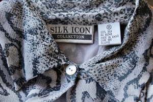 1980s Grey Silk Chiffon Snakeskin Print Button Up Blouse