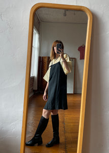1980s-1990s Black Silk Linen Overalls Mini Dress