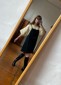 1980s-1990s Black Silk Linen Overalls Mini Dress