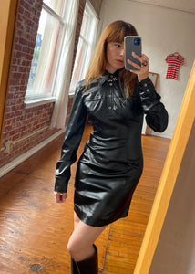 1990s Wetlook Black Long Sleeve Collared Mini Dress w/ Snap Buttons