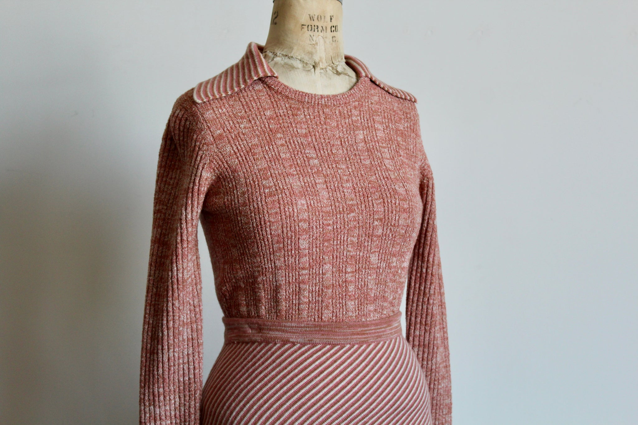 a pink wool knitted dress 1950s GENE SHELLY Beaded Sequin Knit Pink Wool Sweater Dress