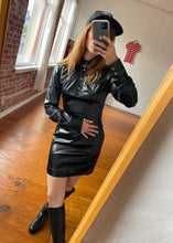 Load image into Gallery viewer, 1990s Wetlook Black Long Sleeve Collared Mini Dress w/ Snap Buttons