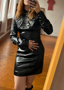 1990s Wetlook Black Long Sleeve Collared Mini Dress w/ Snap Buttons