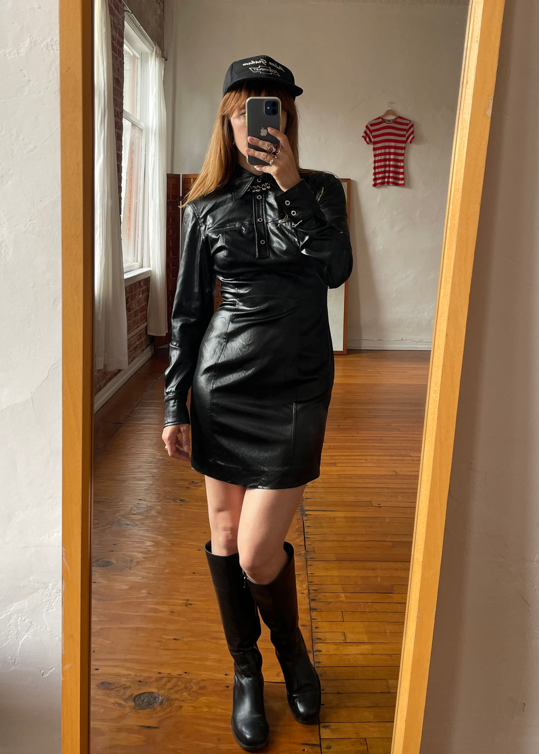 1990s Wetlook Black Long Sleeve Collared Mini Dress w/ Snap Buttons