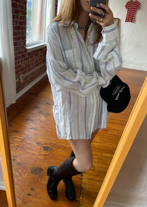 1980s Italian Linen Long Striped Dress Shirt 