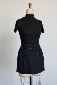 1990s Black Belted Mini Skirt w/ White Top Stitching