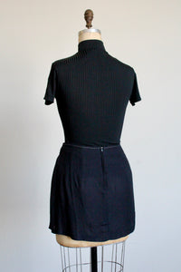 1990s Black Ribbed Stretch Nylon Short Sleeve Turtleneck Tee