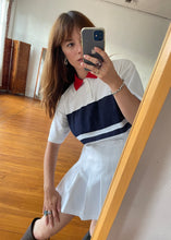 Load image into Gallery viewer, 1980s White Polo Tee with Blue Stripes and Red Collar