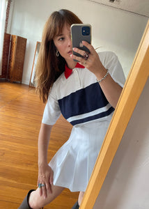 1980s White Polo Tee with Blue Stripes and Red Collar