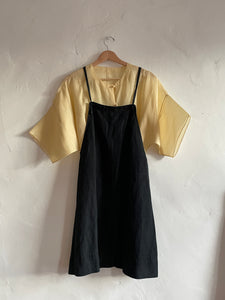 1980s-1990s Black Silk Linen Overalls Mini Dress