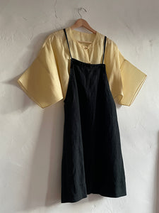 1980s-1990s Black Silk Linen Overalls Mini Dress