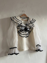 Load image into Gallery viewer, 1980s Sheer Nylon Puff Sleeve Blouse with Black Piping &amp; Bow Front