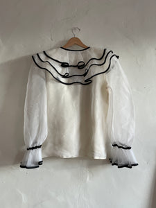 1980s Sheer Nylon Puff Sleeve Blouse with Black Piping & Bow Front