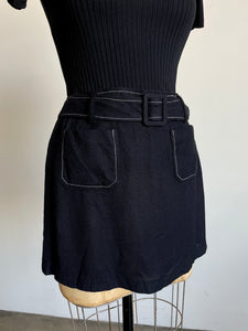 1990s Black Belted Mini Skirt w/ White Top Stitching