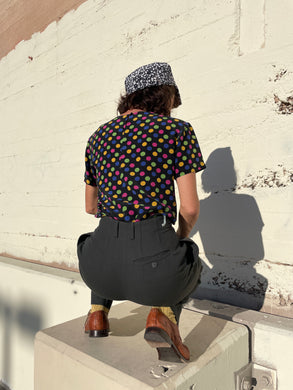 1980s Polka Dot Black Silk Boxy Blouse