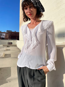 1970s White Ruffle Lace Blouse