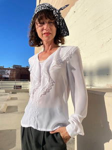 1970s White Ruffle Lace Blouse