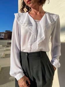 1970s White Ruffle Lace Blouse