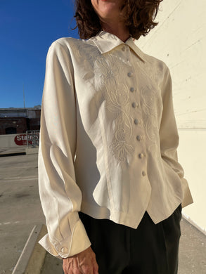 1980s Ivory Silk Embroidered Button Down Blouse