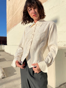 1980s Ivory Silk Embroidered Button Down Blouse