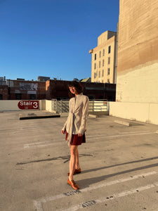 1990s Sand Silk Linen Pinstripe Button Up Blouse w/ Sash Tie