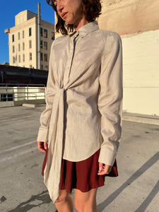 1990s Sand Silk Linen Pinstripe Button Up Blouse w/ Sash Tie