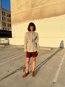 1990s Sand Silk Linen Pinstripe Button Up Blouse w/ Sash Tie